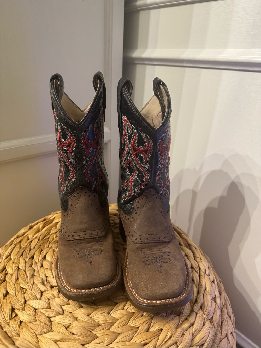 Kids Brown Cowboy Boots with Red & Blue Stitching